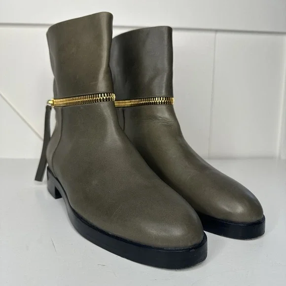 Pierre Hardy Leather Ankle Boots Olive Green Size‎ EU 38.5/ US 8.5 Gold Zippers - Picture 7 of 14